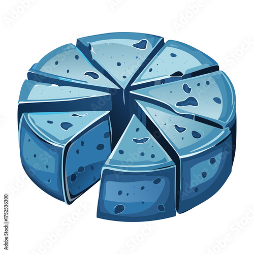 Entire blue cheese wheel perfectly cut into multiple uniform wedges, ready for serving on a platter or cheese board - Vector Illustration