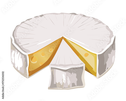 A perfectly ripe, soft white cheese wheel, like brie or camembert, with a creamy slice taken out to reveal the texture - Vector Illustration