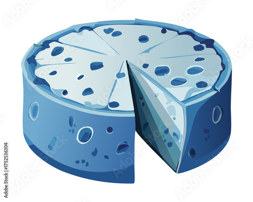A rich, whole blue cheese wheel with a single wedge cut out, showcasing its distinctive and pungent marbled texture - Vector Illustration