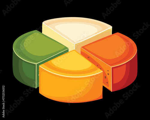 A unique cheese wheel presented as a colorful pie chart with green, white, and orange wedges for a tasting assortment - Vector Illustration