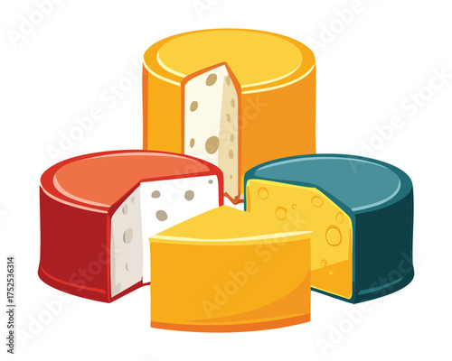 A colorful and appealing selection of different cheese wheels and blocks, including yellow, red, and blue varieties, stacked and ready to eat - Vector Illustration