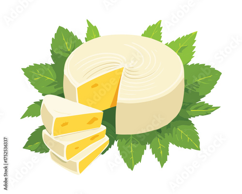 Delicately presented white, creamy round cheese with small cut wedges, surrounded by fresh green leaves and bright garnish - Vector Illustration