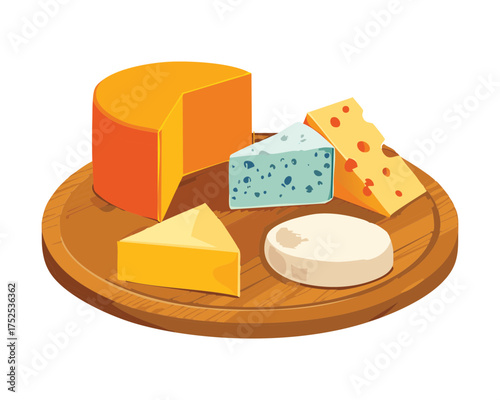 An appealing cheese assortment featuring orange, light yellow, and a distinct blue cheese wedge on a simple, elegant wooden serving platter - Vector Illustration