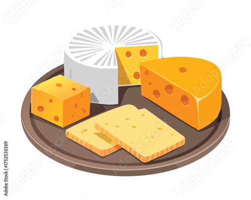 Rustic wooden board holding an appetizing variety of cut white and yellow cheese wedges and blocks, ready for a delicious tasting experience - Vector Illustration