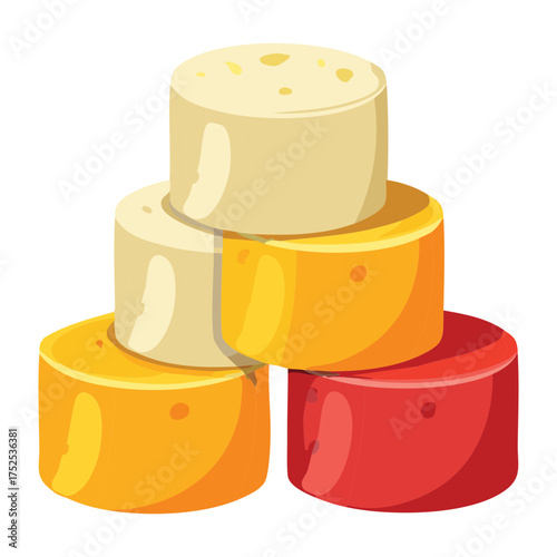 Assortment of three distinct types of whole and partial cheese wheels in yellow and orange colors, visually appealing and fresh - Vector Illustration