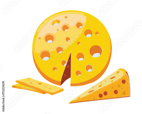 Large, appetizing slice of Swiss cheese with characteristic holes, perfect for a sandwich or a simple, savory snack - Vector Illustration