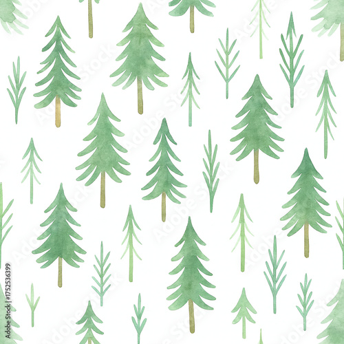 Seamless Watercolor Pattern of Pine Trees and Forest Branches on White Background