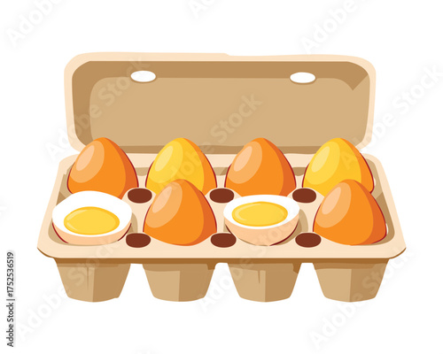 Open Carton of Fresh Brown Eggs with Several Halved and Perfectly Cooked, Ideal for Salads or Healthy Snacking - Vector Illustration