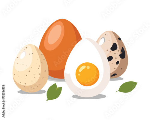 Collection of Whole and Sliced Quail and Chicken Eggs with Fresh Herbs, Ready for Cooking or Eating - Vector Illustration