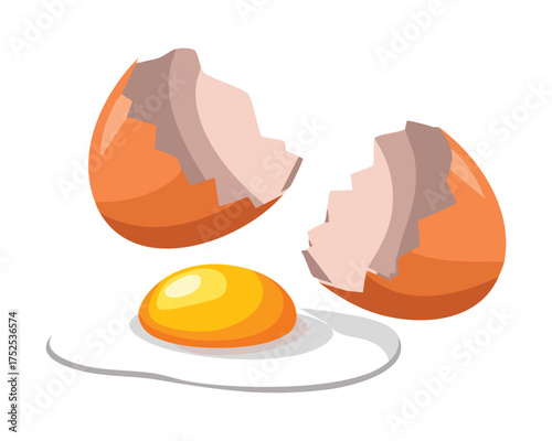 Shattered brown eggshells with a vibrant yellow egg yolk exposed, a simple yet powerful visual representing the start of baking or breakfast - Vector Illustration