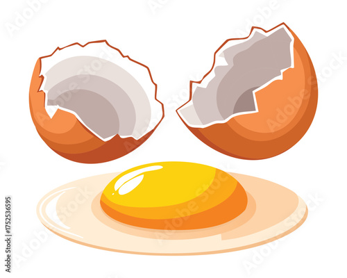 Cracked brown eggshells with a rich yellow yolk spilling out, representing fresh, high-quality baking and cooking ingredients, simple and natural - Vector Illustration