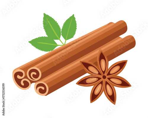 Essential whole cinnamon sticks and star anise pods, a classic pairing of sweet, warm spices for festive baking, beverages, and desserts - Vector Illustration