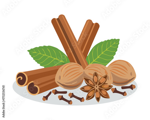Essential baking and cooking spices: cinnamon sticks, whole nutmeg, star anise, and fresh sprigs of mint, often used in festive and comforting recipes - Vector Illustration