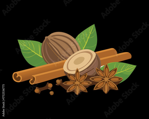 Aromatic spices: whole nutmeg, cinnamon sticks, star anise pods, and natural vanilla bean, arranged as key ingredients for fall and winter baking - Vector Illustration