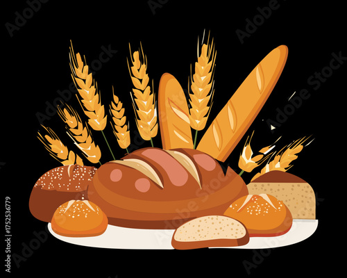 Diverse collection of brown and golden loaves, long baguettes, and assorted rolls, beautifully framed by thick sheaves of ripe golden wheat - Vector Illustration