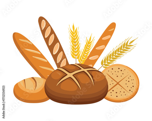 Fresh Artisan Breads with wheat stalks and ears of corn, representing a rustic and bountiful harvest of baked goods - Vector Illustration