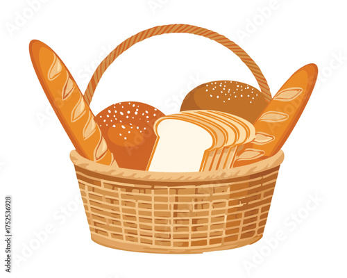 Woven Basket overflowing with an assortment of crusty Breads and rolls, a wholesome farmer's market food display - Vector Illustration