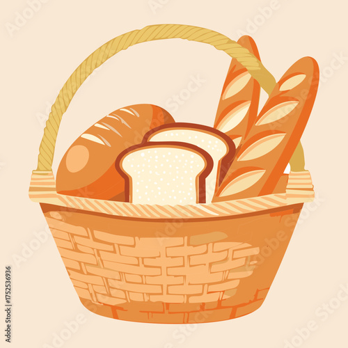 Large Basket filled with various rustic Breads like baguettes and loaves, symbolizing abundance and traditional baking - Vector Illustration