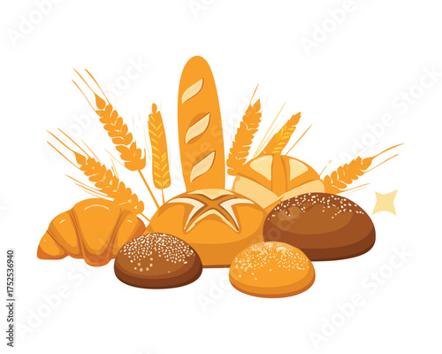 Artistic display of assorted Freshly Baked Breads with wheat stalks, including baguettes and rolls, celebrating the harvest - Vector Illustration