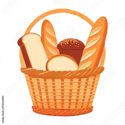Assortment of Fresh Bakery Breads and baguettes presented in a woven basket, ready for a meal or market display - Vector Illustration