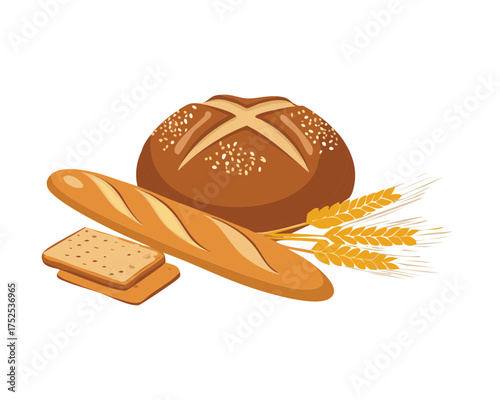 Single crusty Round Loaf with wheat stalks and long breads, symbolizing traditional baking and fresh grain harvest - Vector Illustration
