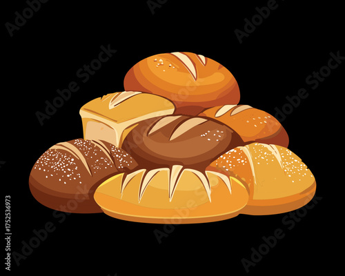 Rustic loaf of Whole Wheat Bread next to various rolls, a classic representation of fresh baked goods and autumn harvest - Vector Illustration