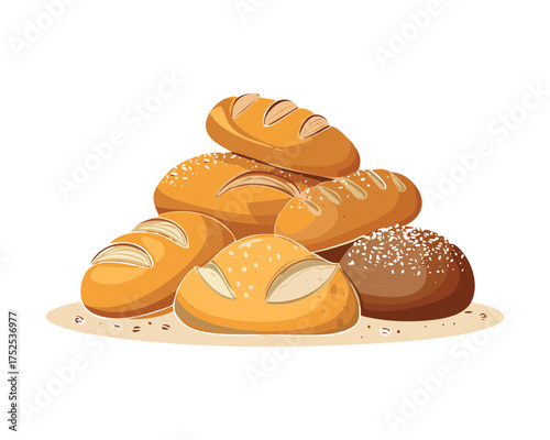 Generous stack of delicious Bakery Breads and rolls, featuring different types for a wholesome daily food staple - Vector Illustration