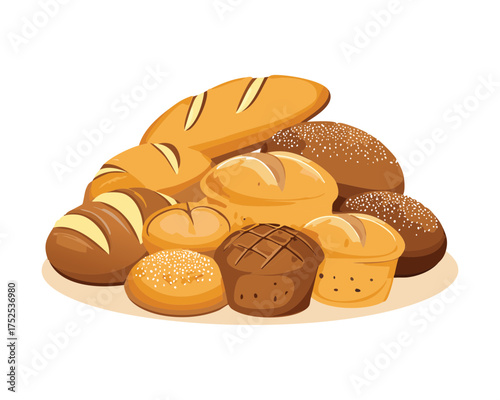 Large pile of various Baked Breads and rolls, showcasing a generous selection from a local bakery or farmer's market - Vector Illustration