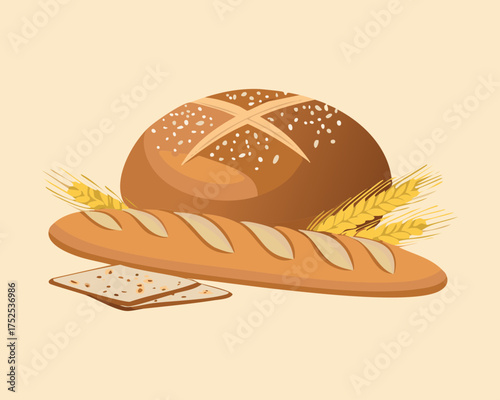 Assortment of Fresh Breads including a baguette and whole wheat loaves, representing a warm and wholesome bakery selection - Vector Illustration