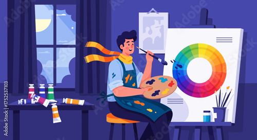Enthusiastic male artist painting a colorful canvas in a creative studio