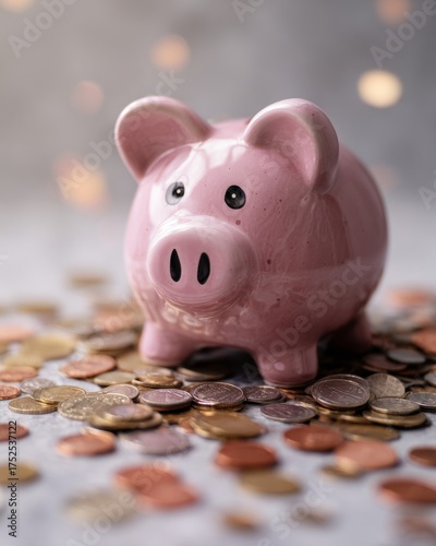 Piggy bank on pile of coins, editorial concept image symbolizing saving, growth, and financial planning for modern households and personal budgeting culture