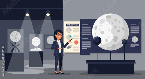 Educational exploration: Woman presenting planetary art history in a museum setting