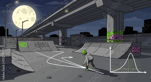 Skateboarding under a moonlit overpass with gaussian distribution visualization