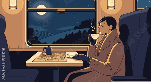 Elegant traveler enjoying a peaceful train journey under the moonlight scenery