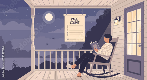 A relaxing night scene: reading a book on the porch under the moonlight and serenity