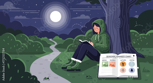 Nocturnal reflections: A young woman journaling beneath the moonlit tree