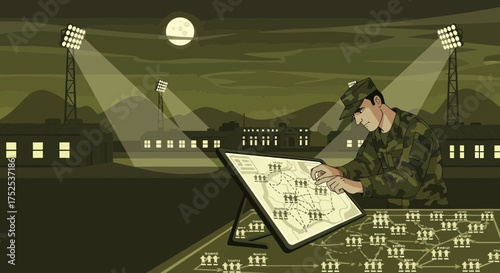 Military strategist planning an operation under the moonlight at night base