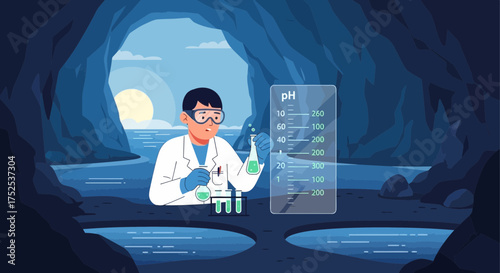 Coastal cave laboratory scientist analyzing ph levels in an aquatic environment