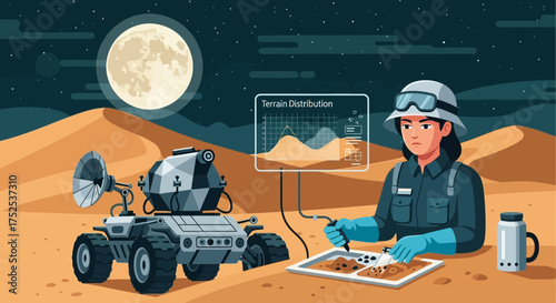 Lunar exploration scientist analyzing soil samples with robotic rover support