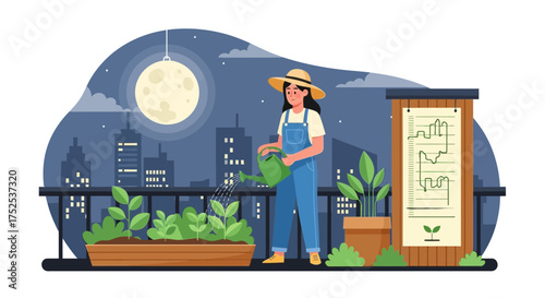 Woman cultivates a rooftop garden illuminated by moonlight, overseeing plant health