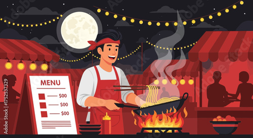 Captivating Culinary Scene: An Asian Street Food Vendor Cooking Under Moonlight