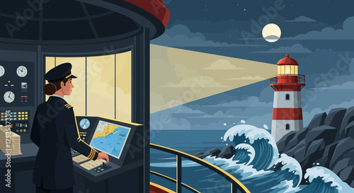 Female ship navigator overseeing operations near illuminated coastal lighthouse