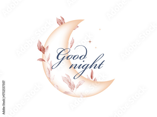 Good night message on a pink crescent moon decorated with red botanical leaves in a watercolor style