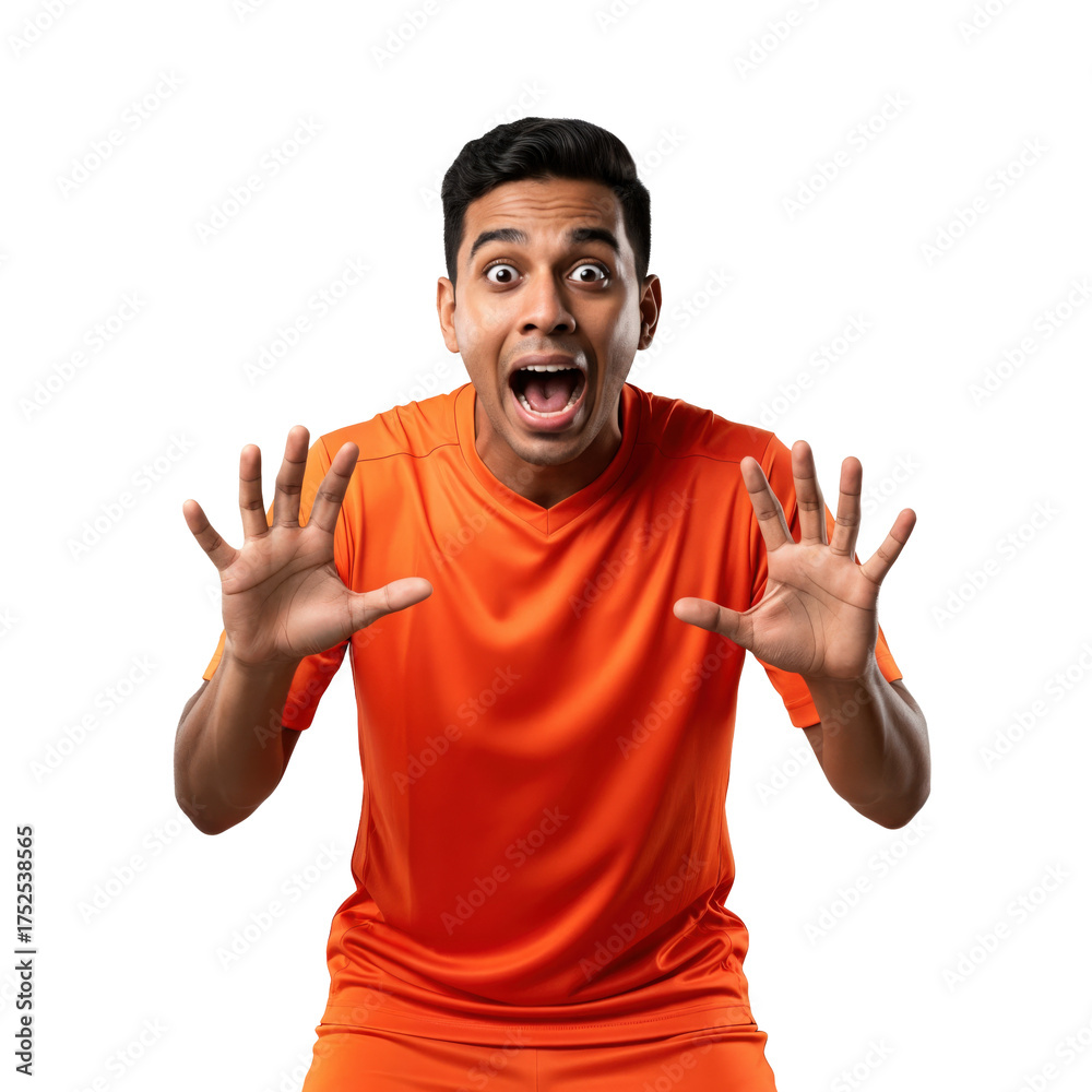 Fototapeta premium Shocked young adult Indian man in orange sportswear screaming with wide eyes and hands raised in a gesture of surprise or fear, isolated on black background.