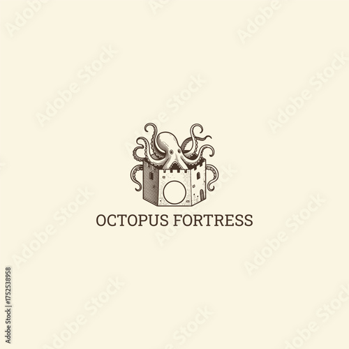 Octopus fortress logo style icon design template vector illustration