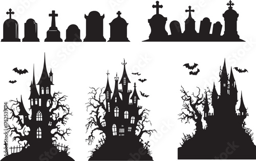 Spooky graveyard scene with silhouetted tombstones and haunted castles