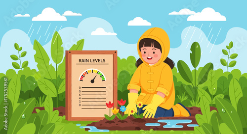 Joyful girl tending flowers in a rainy garden, monitoring rain levels with a chart