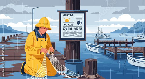 Coastal Craftsmanship: A Rainy Day Scene of a Fisherman Repairing Nets on the Pier