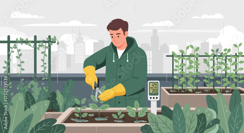 Urban oasis: A man tending his rooftop garden amidst city skyline backdrop