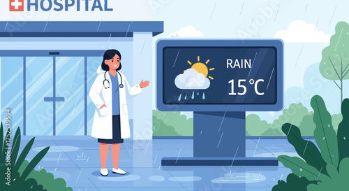 Animated Healthcare Professional Advising on Rainy Weather at Hospital Entrance